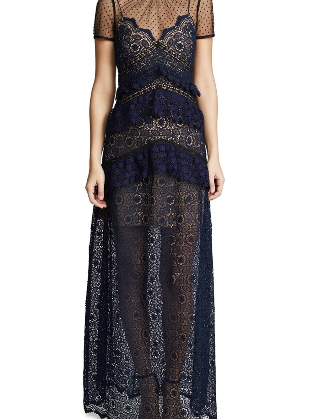 Self-Portrait Lace Maxi Dress with Sheer Polka Dot Yoke